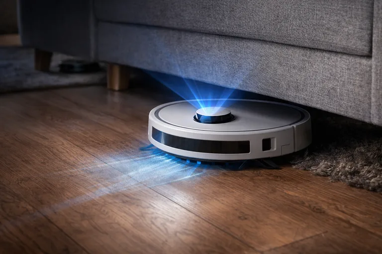 Saugroboter reinigt Teppich und sammelt Krümel