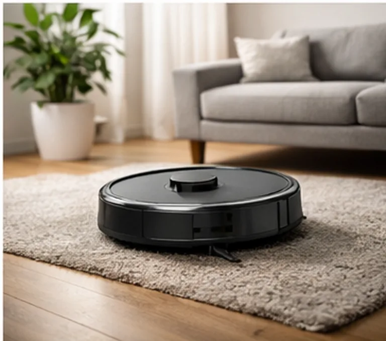 Saugroboter im Wohnzimmer auf Teppich und Holzboden