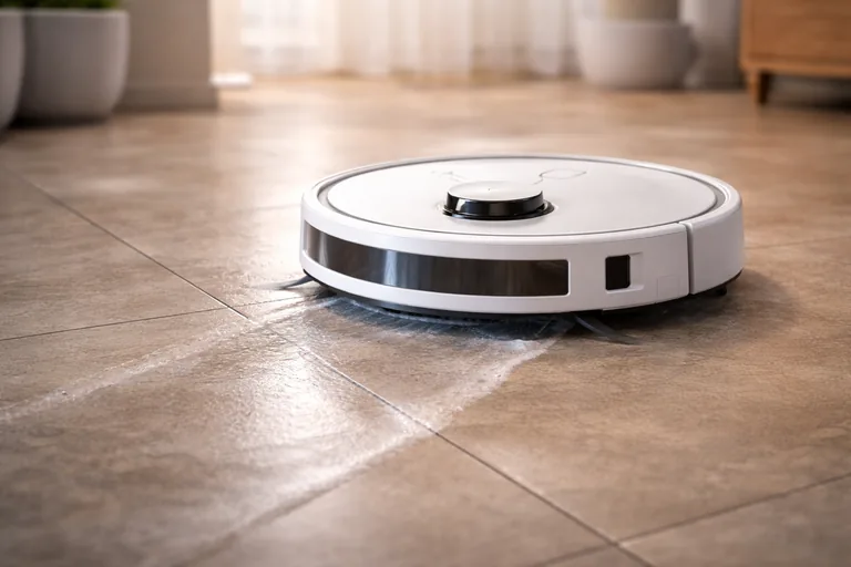 Saugroboter mit Wischfunktion wischt Hartboden